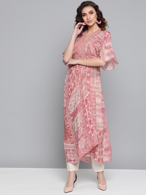 

Ritu Kumar Women Pink & Beige Printed A-Line Kurta
