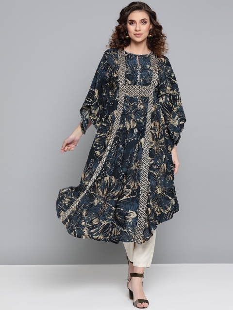 

Ritu Kumar Women Navy Blue & Beige Floral Print Kaftan Kurta