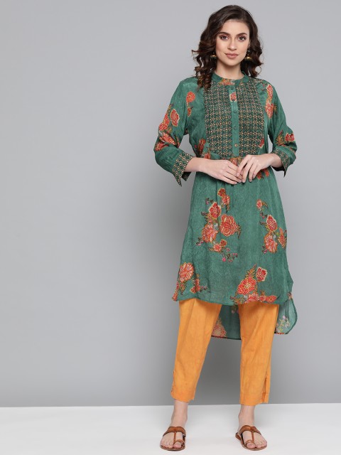 

Ritu Kumar Women Green & Orange Printed High-Low Kurta