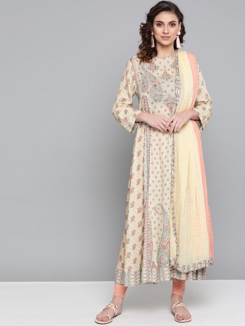 

Ritu Kumar Women Cream-Coloured & Pink Printed Kurta with Churidar & Dupatta