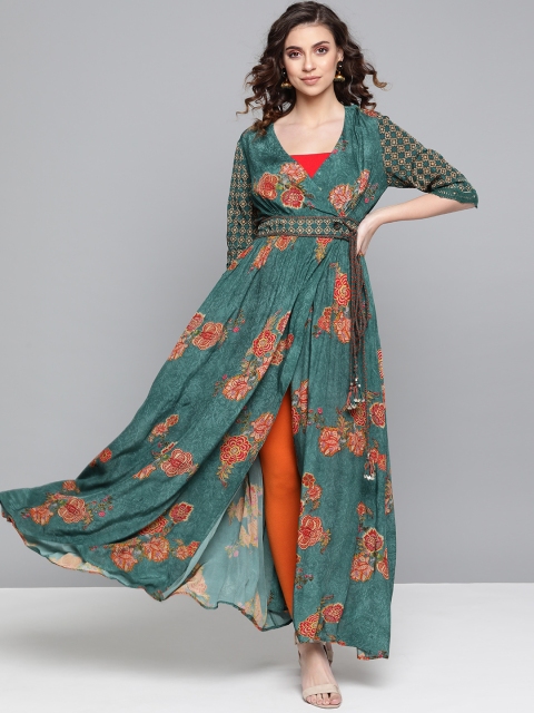 

Ritu Kumar Women Green & Orange Floral Print Wrap A-Line Kurta