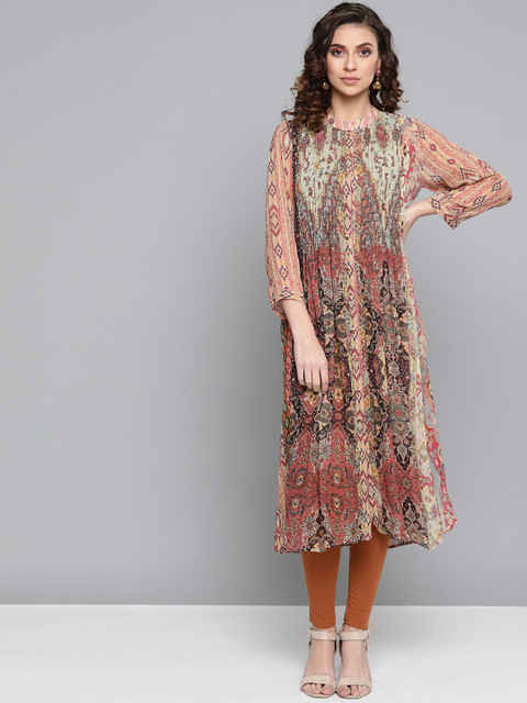 

Ritu Kumar Women Beige & Pink Printed A-Line Kurta