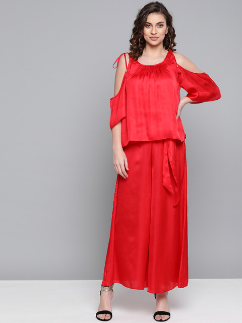 

Ritu Kumar Women Red Solid Satin Top with Palazzos