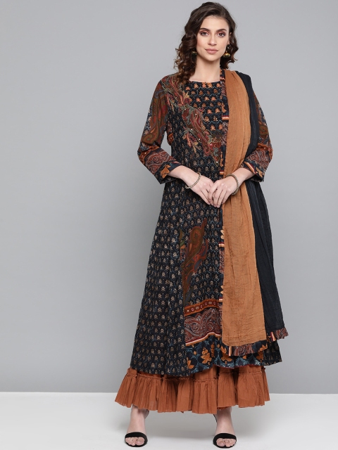 

Ritu Kumar Women Navy Blue & Brown Printed Kurta with Sharara & Dupatta