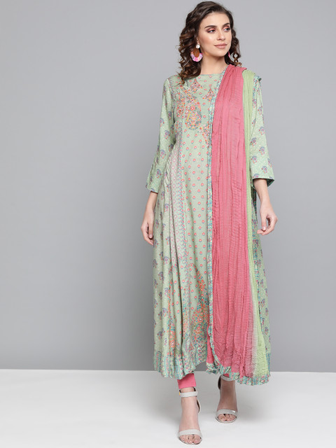 

Ritu Kumar Women Green & Pink Printed Kurta with Churidar & Dupatta