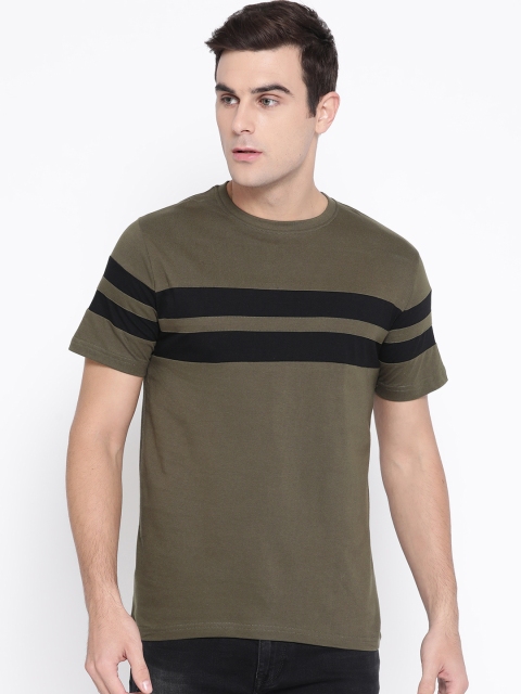 

Rodzen Men Olive Green & Black Striped Round Neck T-shirt