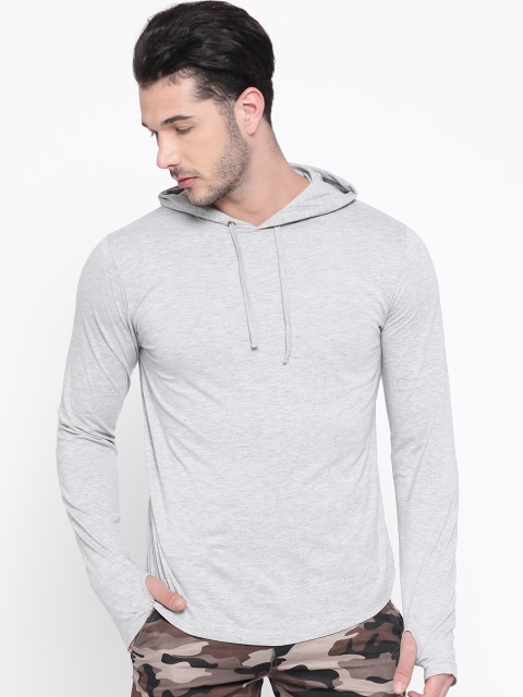 

Rodzen Men Grey Melange Solid Hooded T-shirt