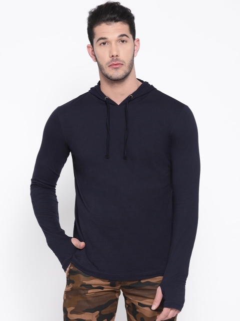 

Rodzen Men Navy Blue Solid Hooded T-shirt