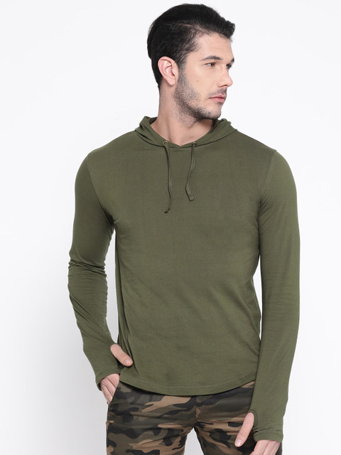 

Rodzen Men Olive Green Solid Hood T-shirt
