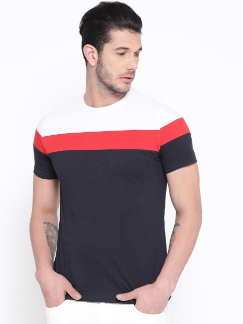 

Rodzen Men Navy Blue & White Colourblocked Round Neck T-shirt