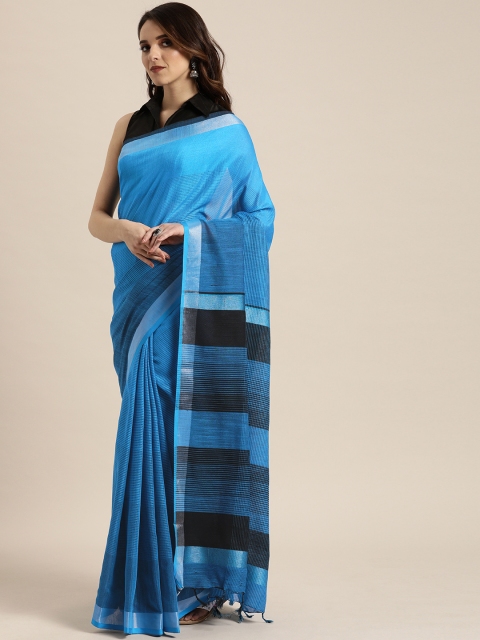 

VASTRANAND Blue & Black Linen Blend Striped Saree