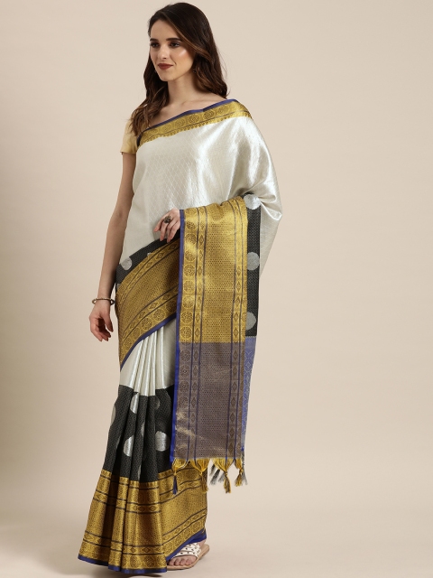 

VASTRANAND Silver-Toned & Black Silk Blend Woven Design Kanjeevaram Saree