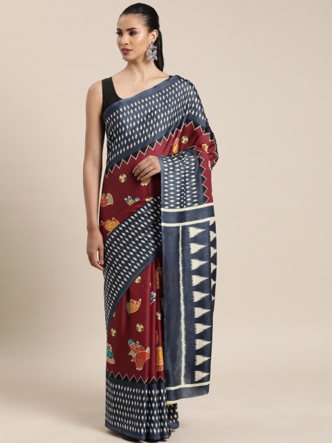

VASTRANAND Maroon & Orange Linen Blend Printed Chanderi Saree