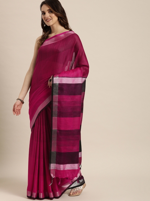 

VASTRANAND Pink & Black Striped Linen Blend Saree