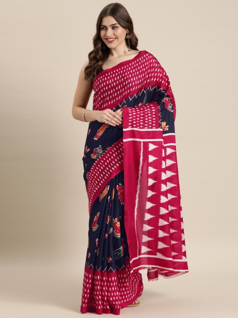 

VASTRANAND Navy Blue & Pink Linen Blend Kalamkari Printed Chanderi Saree