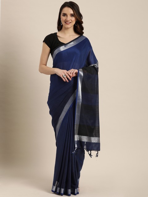 

VASTRANAND Navy Blue & Black Striped Linen Blend Saree