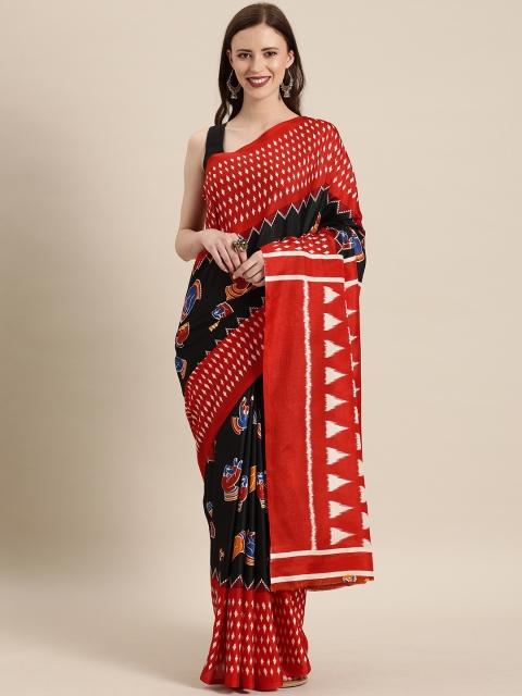 

VASTRANAND Black & Red Linen Blend Kalamkari Printed Chanderi Saree