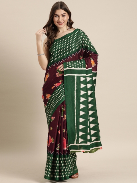 

VASTRANAND Coffee Brown & Green Linen Blend Kalamkari Printed Chanderi Saree