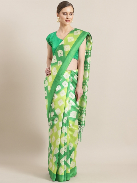 

Kalista Green & Cream-Coloured Bandhani Print Mysore Silk Saree