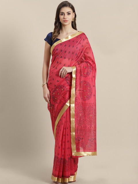 

Chhabra 555 Pink & Navy Blue Block Print Chanderi Saree