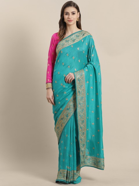 

Chhabra 555 Teal Green & Golden Embroidered Saree