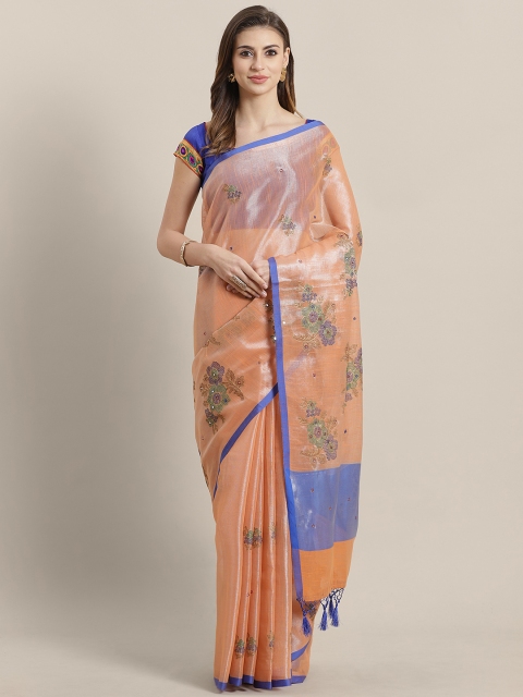 

Chhabra 555 Peach Coloured & Blue Embroidered Banarasi Saree