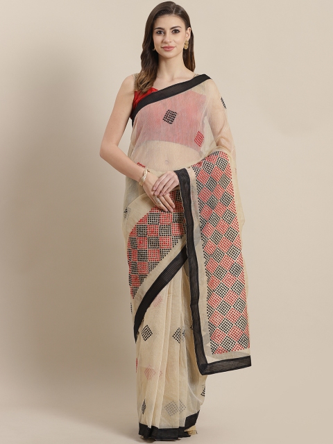 

Chhabra 555 Beige & Black Kutchi Resham Embroidered Chanderi Saree