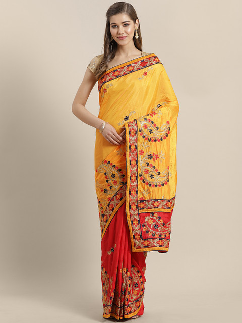 

Chhabra 555 Red & Yellow Kantha & Resham Work Half and Half Banarasi Saree with Zari Work