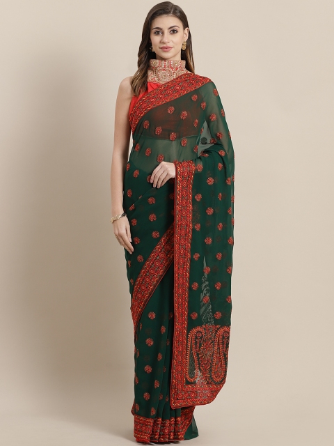 

Chhabra 555 Green & Red Aari Embroidered Saree