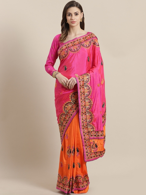 

Chhabra 555 Orange & Pink Resham Embroidered Half & Half Banarasi Saree