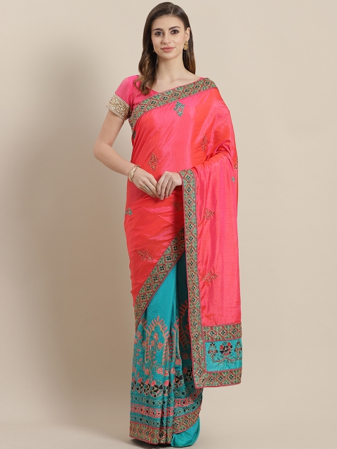 

Chhabra 555 Blue & Pink Half & Half Resham Embroidered Banarasi Saree