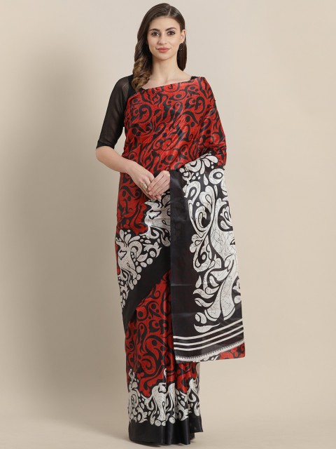 

Chhabra 555 Red & Black Printed Tussar Saree