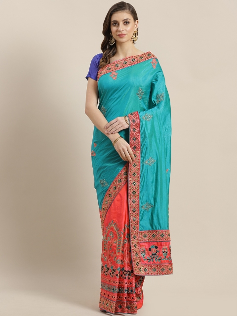 

Chhabra 555 Pink & Teal Blue Half and Half Embroidered Banarasi Saree