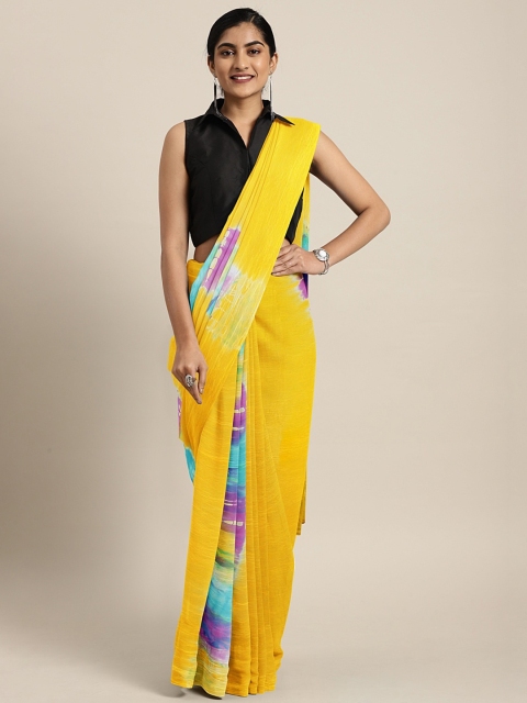 

Pavechas Yellow Poly Chiffon Dyed Leheriya Saree