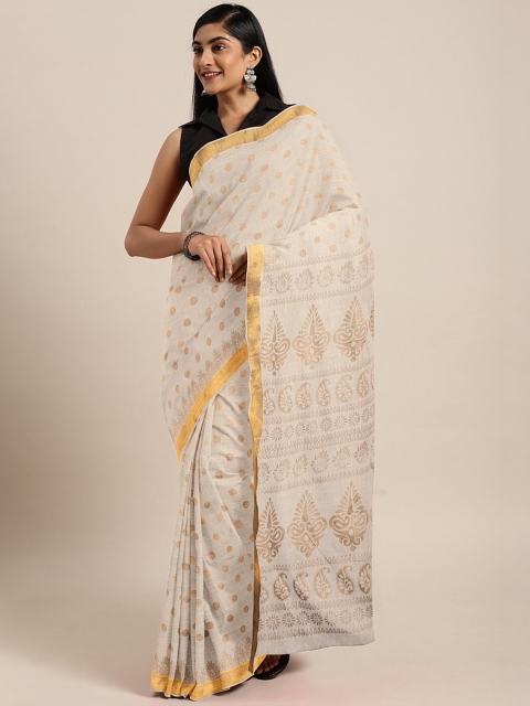 

Pavechas Off-White & Gold-Toned Pure Cotton Printed Kasavu Saree