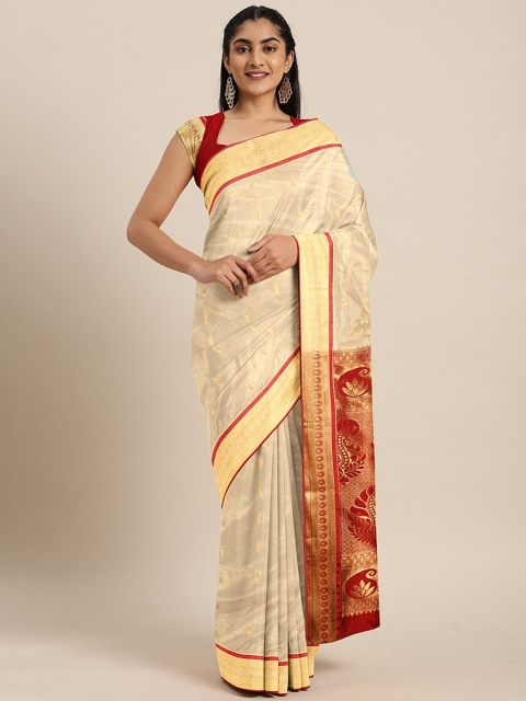 

Pavechas Off-White & Gold-Toned Art Silk Woven Design Kanjeevaram Saree