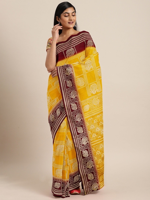

Pavechas Mustard Yellow & Beige Polycotton Printed Mangalagiri Saree