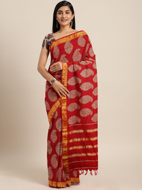 

Pavechas Red & Gold-Toned Pure Cotton Printed Venkatgiri Saree