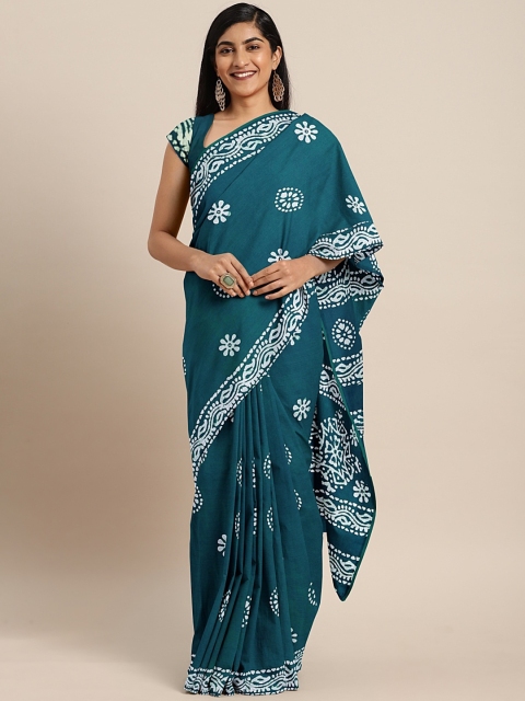 

Pavechas Teal Blue Pure Cotton Printed Ikat Saree