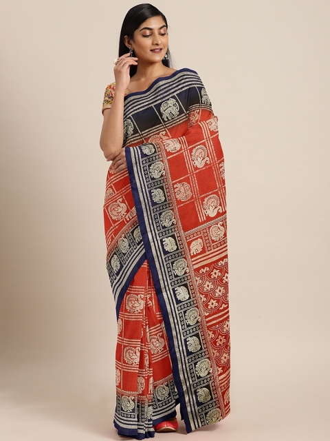

Pavechas Orange & Gold-Coloured Polycotton Printed Mangalagiri Saree