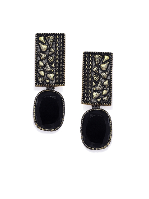 

AccessHer Brass-Plated & Black Studded Geometric Drop Earrings, Gold