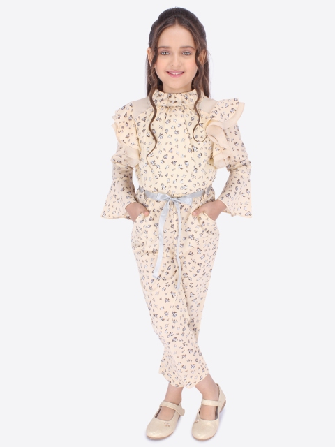

CUTECUMBER Girls Beige & Grey Printed Basic Jumpsuit