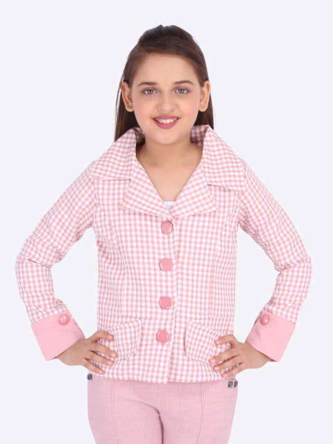 

CUTECUMBER Girls Pink & Off-White Houndstooth Checked Pea Coat
