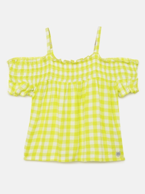 

Pepe Jeans Lime Yellow & White RIO IP Checked Cold-Shoulder Sleeves Smocked Regular Top