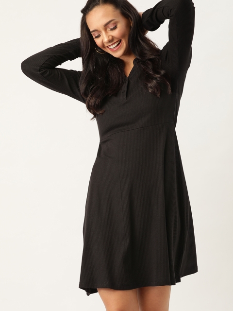 

DressBerry Women Black Ribbed A-Line Dress