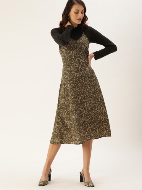 

DressBerry Women Olive Green & Pink Ditsy Floral Printed A-Line Dress