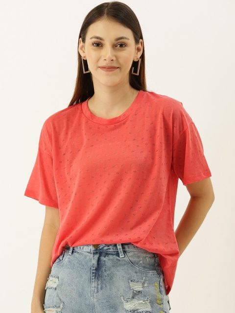 

DressBerry Women Coral Pink Self Design Round Neck T-shirt