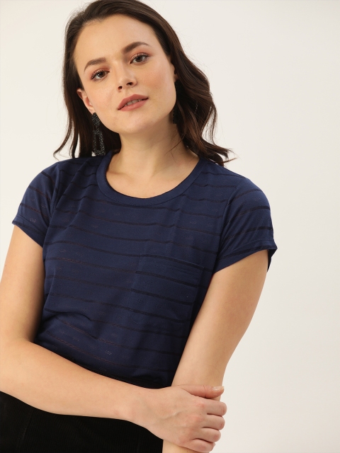 

DressBerry Women Navy Blue Striped Round Neck T-shirt