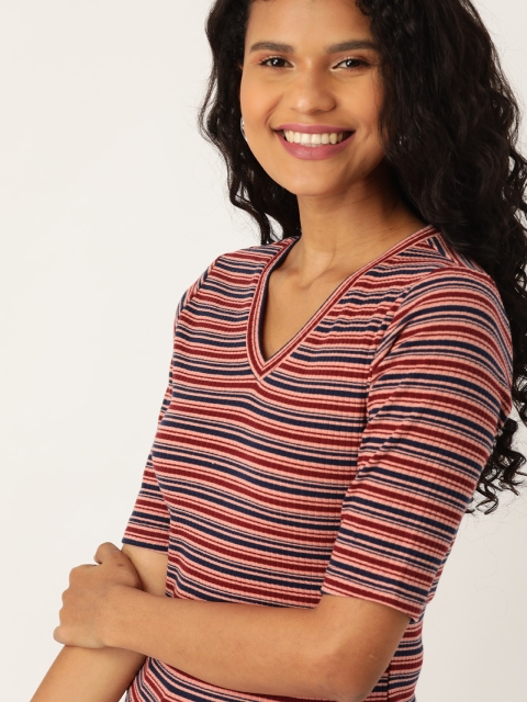 

DressBerry Women Pink & Navy Blue Striped V-Neck T-shirt