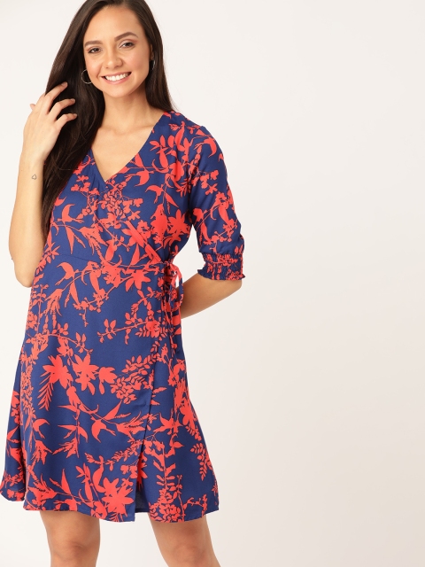 

DressBerry Women Navy Blue & Coral Orange Floral Printed Wrap Dress